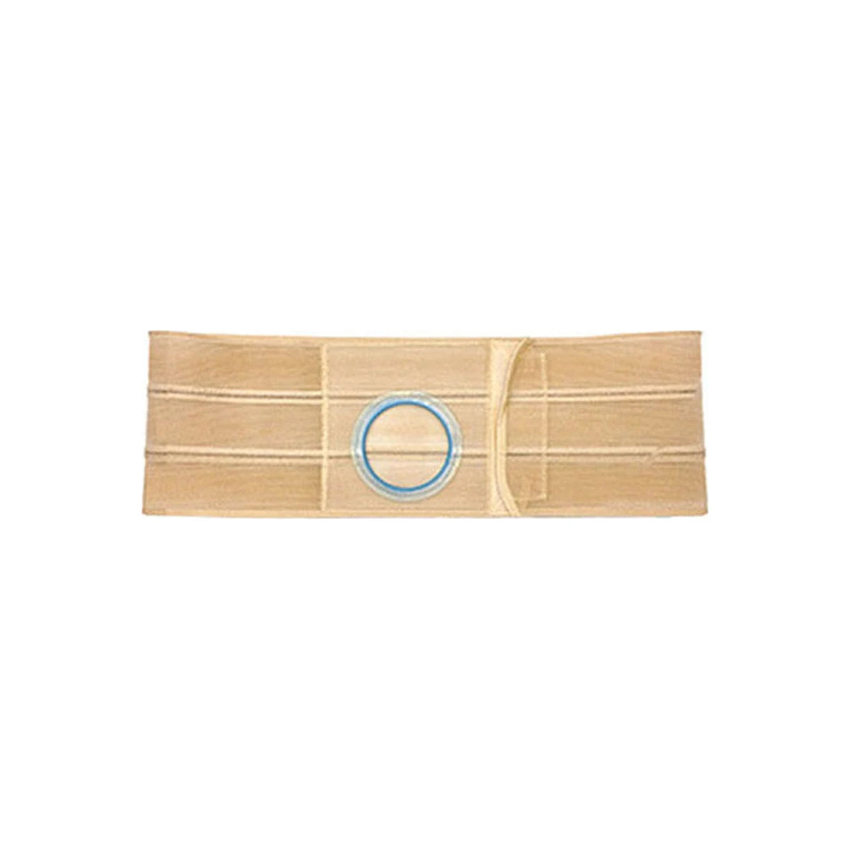 Beige medical ostomy support belt with blue circular opening, adjustable for waist support