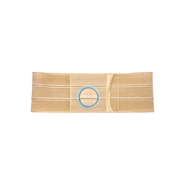 Beige medical abdominal support belt with blue circular stoma opening, ostomy care aid
