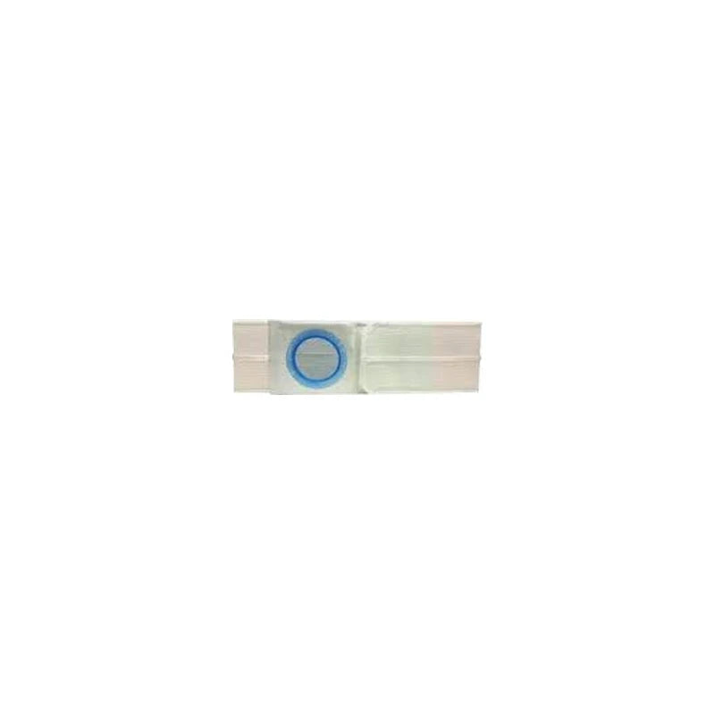 Medical ostomy belt with adjustable white strap and blue plastic ring, centered on white background