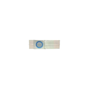 Medical ostomy belt with adjustable white strap and blue plastic ring, centered on white background