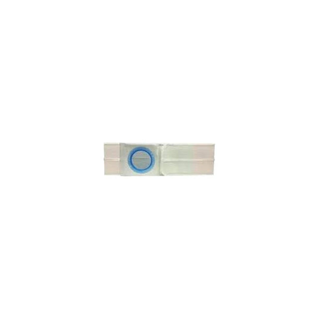 Medical ostomy belt with adjustable white strap and blue plastic ring, centered on white background