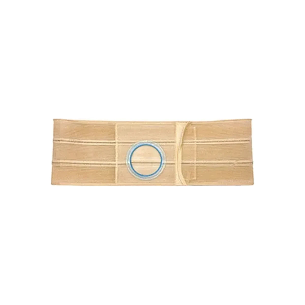 Beige medical ostomy support belt with blue ring opening for stoma care