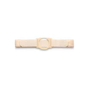 Beige ostomy belt with adjustable straps and plastic circular opening for stoma support
