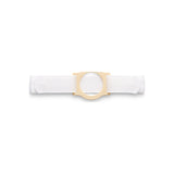 Adjustable white ostomy hernia support belt with beige plastic ring, medical supply.