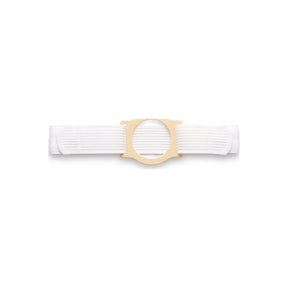 Adjustable white ostomy hernia support belt with beige plastic ring, medical supply.