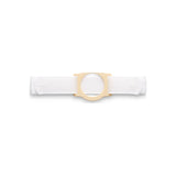 White ostomy belt with beige plastic ring for medical support, isolated on white background