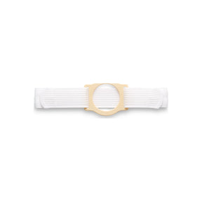 White ostomy belt with beige plastic ring for medical support, isolated on white background