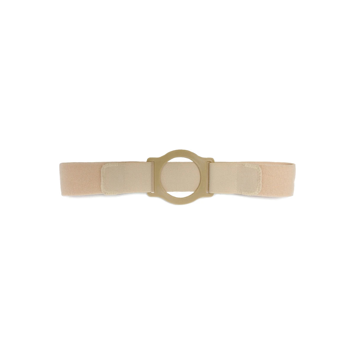 Beige ostomy belt with adjustable strap and round plastic support ring on white background