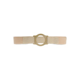 Beige ostomy belt with adjustable strap and round plastic support ring on white background