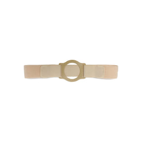 Beige ostomy belt with adjustable strap and round plastic support ring on white background