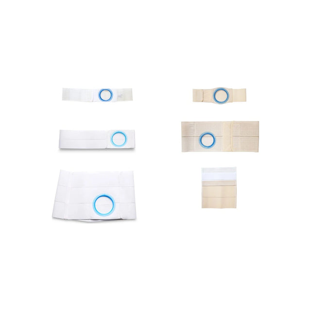 Variety of ostomy belts and hernia support belts with circular openings, white and beige colors