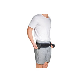 Man wearing a black medical gait belt around his waist for mobility support
