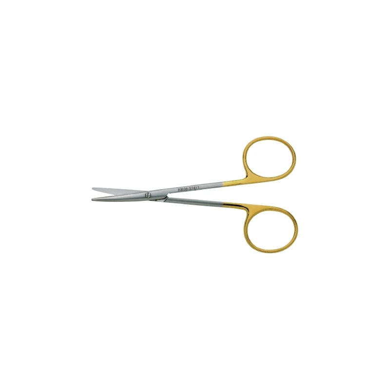 Stainless steel surgical scissors with gold finger rings on white background