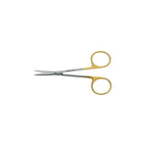Stainless steel surgical scissors with gold finger rings on white background