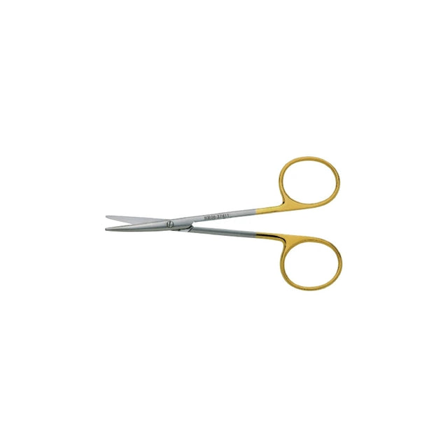 Stainless steel surgical scissors with gold finger rings on white background