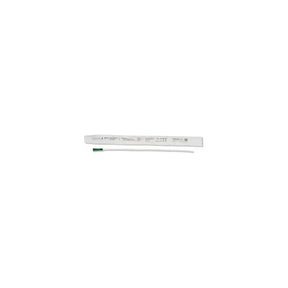 Sterile intermittent catheter with green connector and packaging on white background