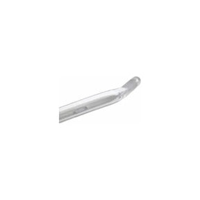 Close-up of a clear curved-tip medical catheter on a white background