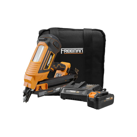 Orange cordless nail gun set with battery, charger, and black carrying case