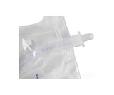 Transparent medical fluid drainage bag with tube connector close-up