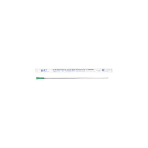 Sterile intermittent coude male catheter with green tip and clear packaging, medical supply