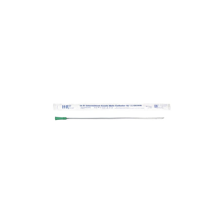 Sterile intermittent coude male catheter with green tip and clear packaging, medical supply