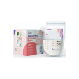 Box and pouch of breast milk storage bags with measurement markings and labeling area.