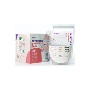 Box and pouch of breast milk storage bags with measurement markings and labeling area.