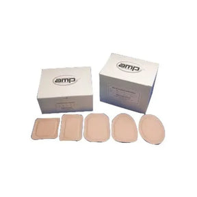Assorted beige hydrocolloid wound dressings and boxes on a white background