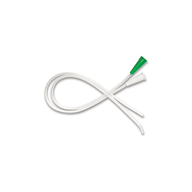 Single-use medical catheter with green and white connectors on white background