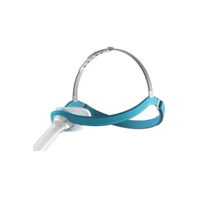 CPAP nasal mask with blue headgear and flexible hose for sleep apnea therapy