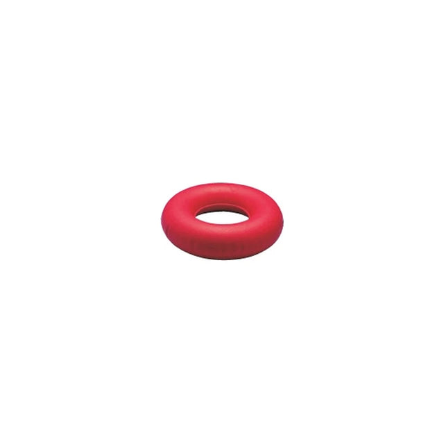 Red hand therapy exercise ring on white background for grip strength training