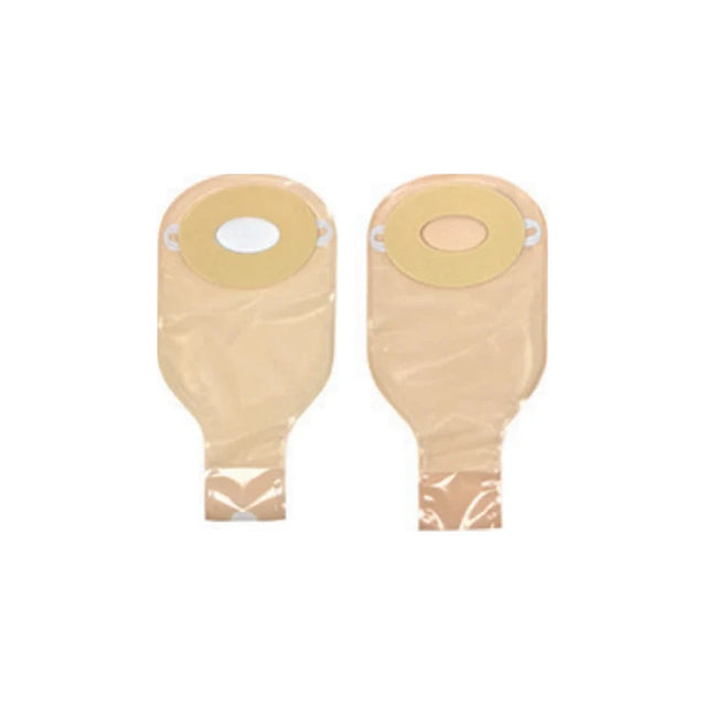 Two beige ostomy pouches with adhesive barriers for stoma care on white background