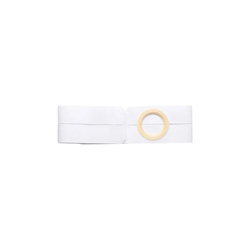White ostomy belt with circular opening, medical support accessory on white background