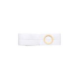 White ostomy belt with circular opening, medical support accessory on white background