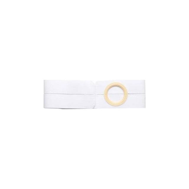 White ostomy belt with circular opening, medical support accessory on white background