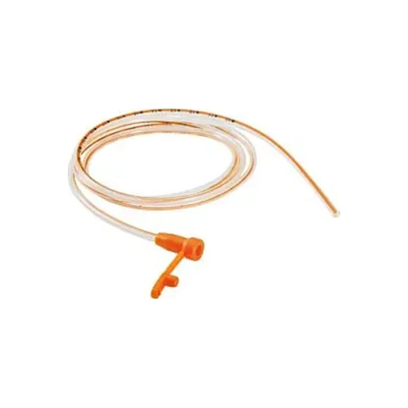sterile orange medical feeding tube with connector, coiled on white background