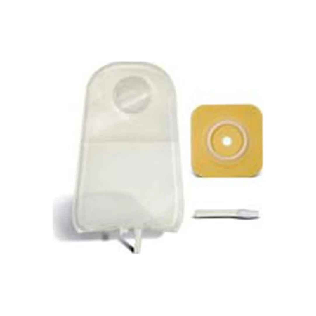 Ostomy bag system with adhesive barrier and closure clip for stoma care on white background.