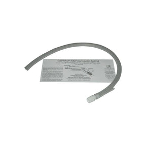 Medical connector tubing with attached connector and instruction sheet on a white background