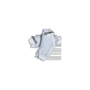 Pair of white medical compression arm sleeves with visible logo, isolated on white background