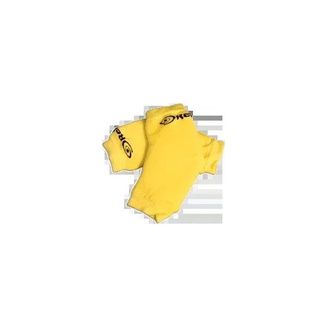Pair of yellow knit medical arm protectors with black text on cuffs