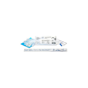 Sterile catheter kit with gloves, catheter, lubricant, and packaging on white background