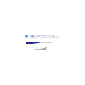 Sterile hydrophilic female catheter with blue grip and individual packaging on white background