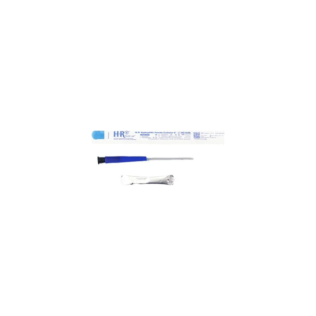 Sterile hydrophilic female catheter with blue grip and individual packaging on white background