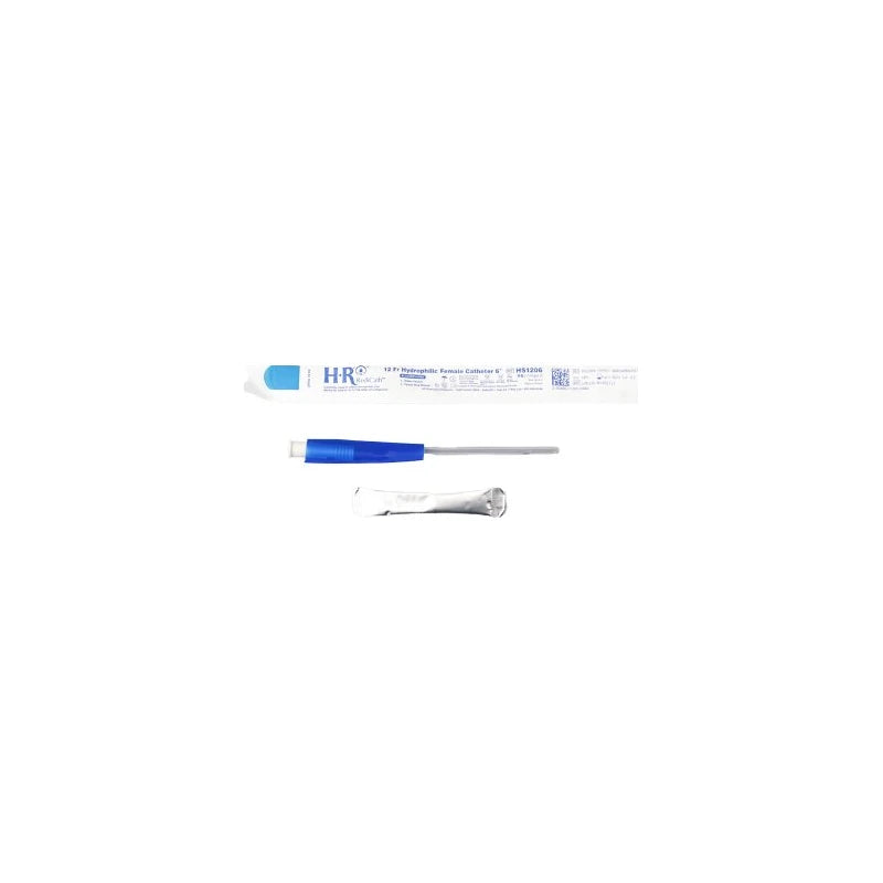 Sterile intermittent female catheter with blue handle and individual packaging
