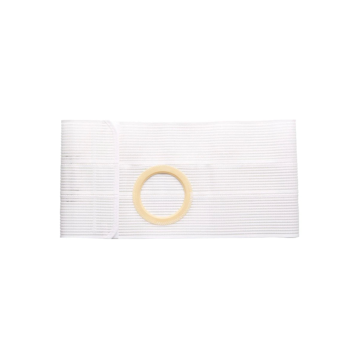 white ostomy support belt with round stoma opening, medical supply product