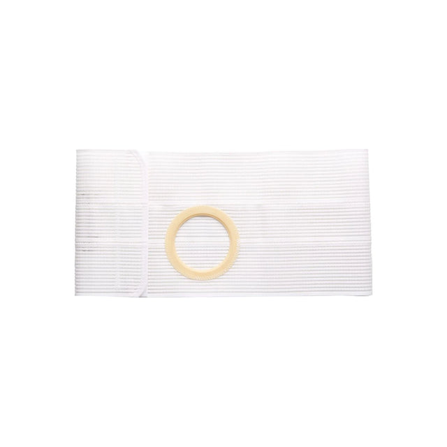 white ostomy support belt with round stoma opening, medical supply product