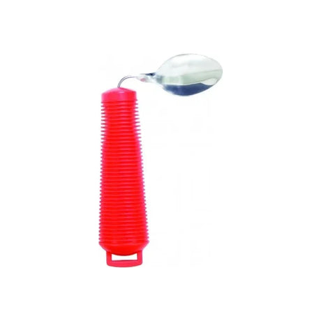 Adaptive spoon with large red ribbed handle for easy grip and essential medical use