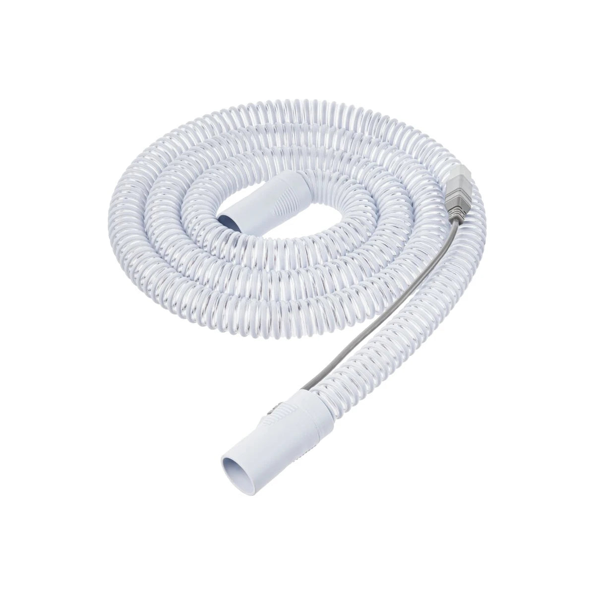 White heated CPAP hose tubing for respiratory therapy on a plain background