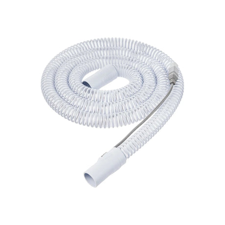 White heated CPAP hose tubing for respiratory therapy on a plain background