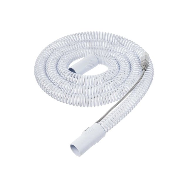 White heated CPAP hose tubing for respiratory therapy on a plain background